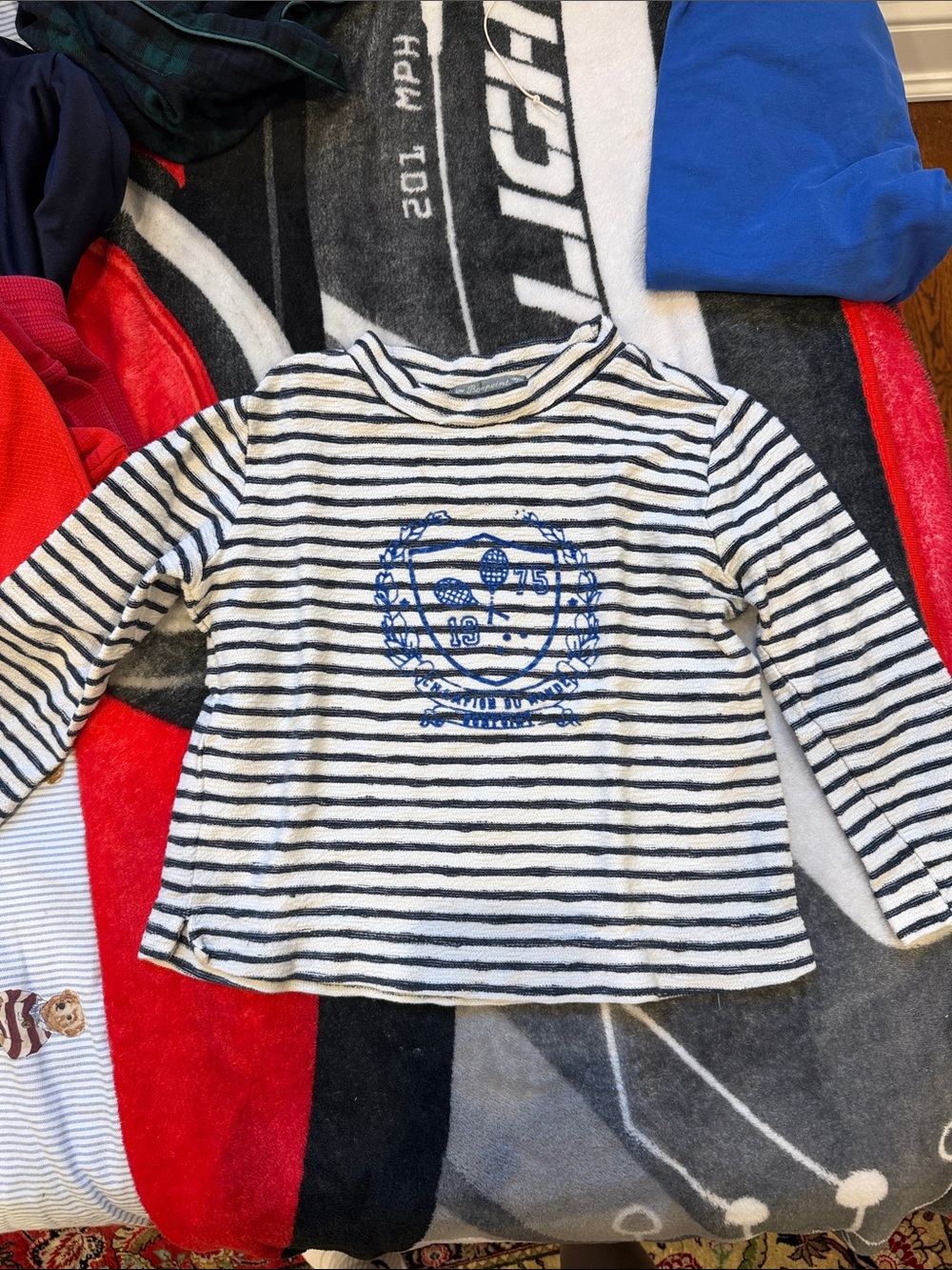 Bonpoint Striped Long-Sleeve Kids Shirt in Navy & White size 3